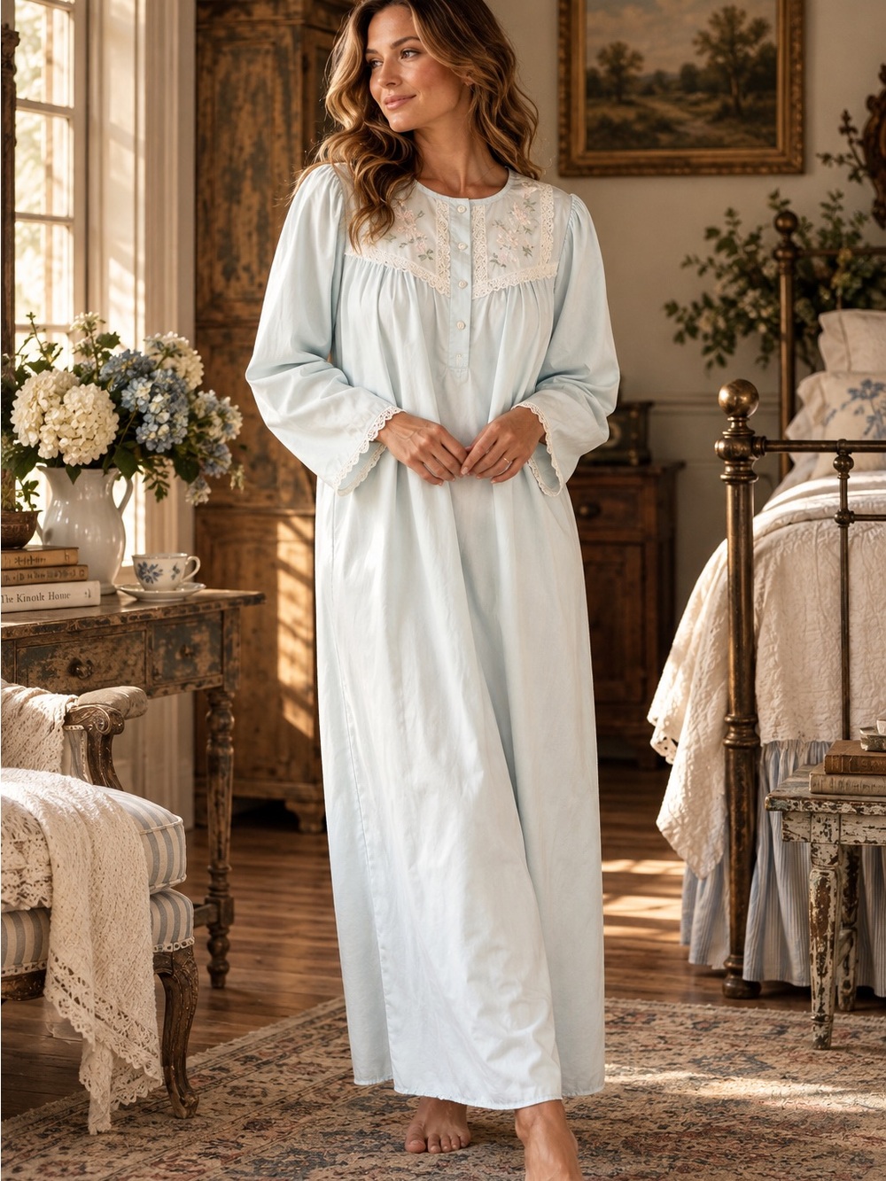 Miss Elaine Blue Size L Brushed Back Satin Long Nightgown Lace Cottagecore